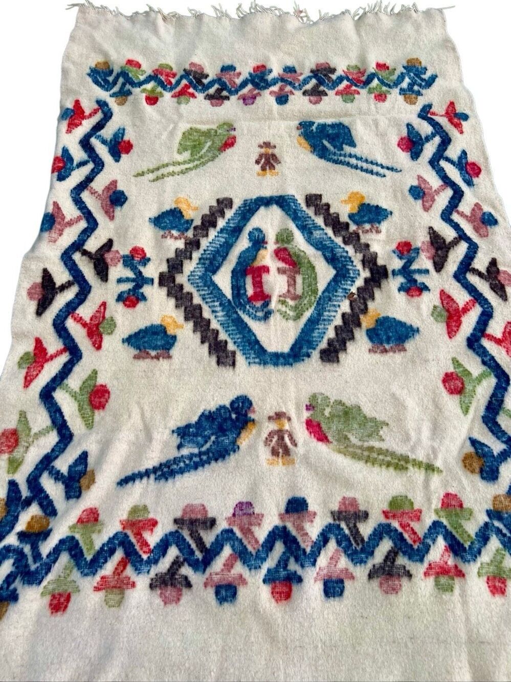 Oversized Handwoven Vintage Guatemalan Mayan Folk Art Wool Blanket / Rug 87"x 56